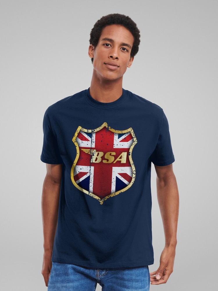 All + Every Blue BSA Golden Logo Union Jack Badge Mens 100% Cotton T-Shirt - Image 1 of 4