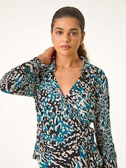 Roman Blue Abstract Print Tie Side Blouses - Image 4 of 5