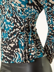 Roman Blue Abstract Print Tie Side Blouses - Image 5 of 5
