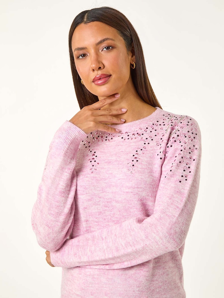Roman Pink Hotfix Diamante Knit Jumper - Image 1 of 5