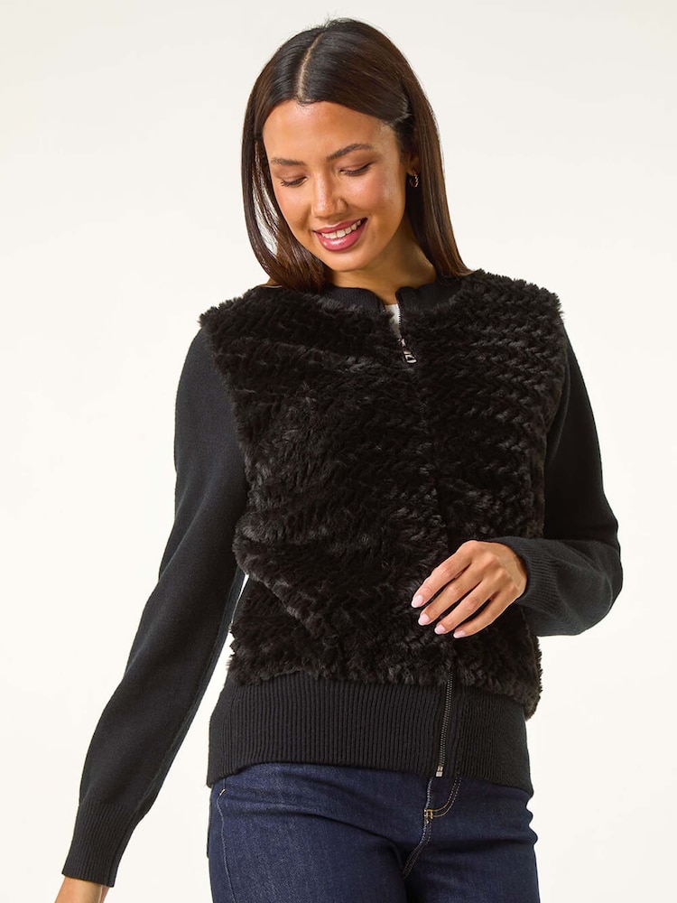 Roman Black Faux Fur Funnel Neck Zip Jacket - Image 3 of 6