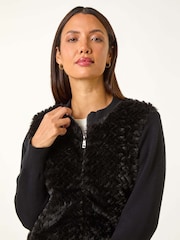 Roman Black Faux Fur Funnel Neck Zip Jacket - Image 6 of 6