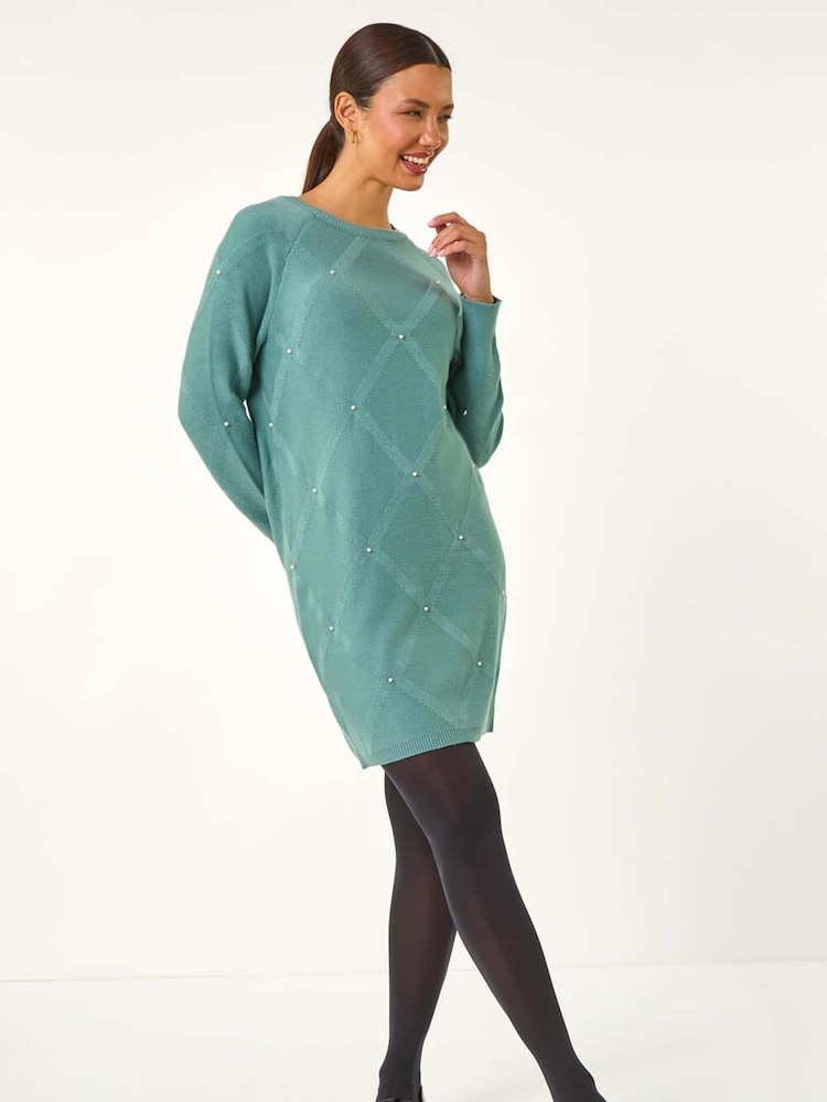 Roman Green Pearl Detail Textured Jumper Dress - Image 1 of 5