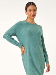 Roman Green Pearl Detail Textured Jumper Dress - Image 2 of 5