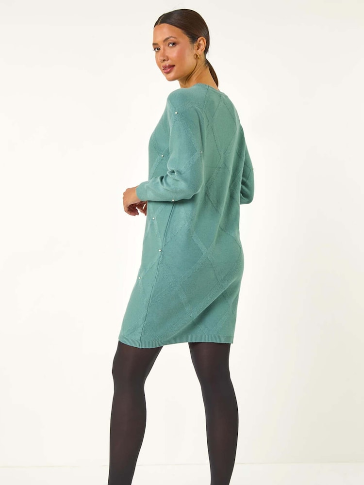 Roman Green Pearl Detail Textured Jumper Dress - Image 3 of 5