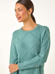 Roman Green Pearl Detail Textured Jumper Dress - Image 4 of 5
