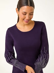 Roman Purple Stud Detail Knit Fit and Flare Dress - Image 4 of 5