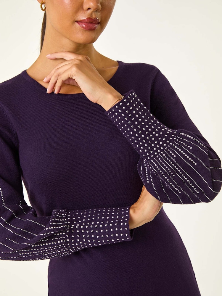 Roman Purple Stud Detail Knit Fit and Flare Dress - Image 5 of 5