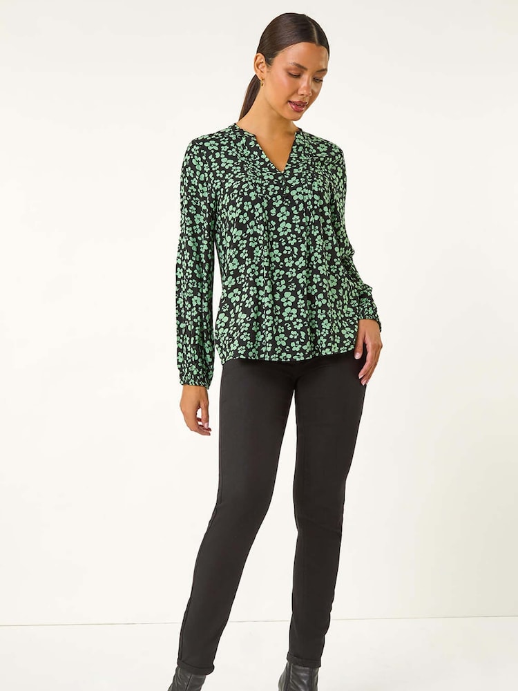 Roman Green Floral Button Detail Pinktuck Top - Image 1 of 6