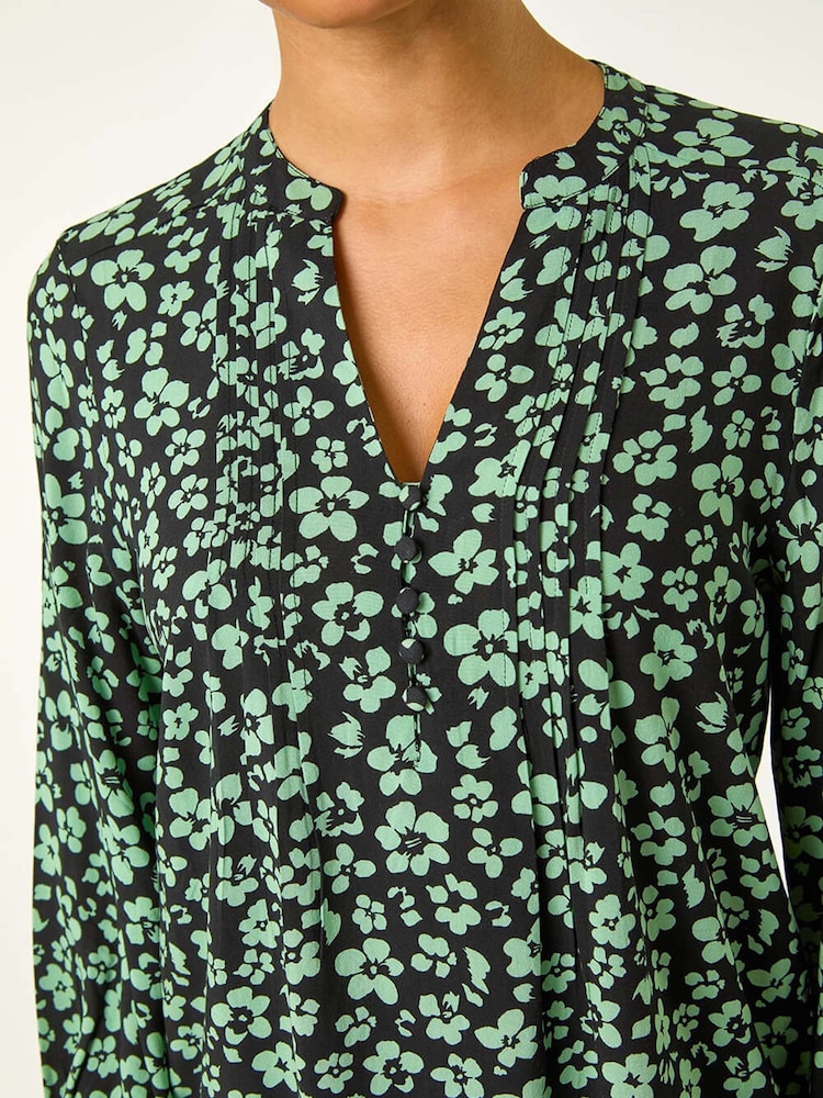 Roman Green Floral Button Detail Pinktuck Top - Image 6 of 6