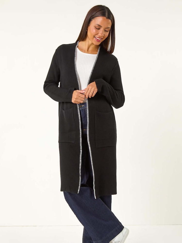 Roman Black Longline Whipstitch Pocket Cardigan - Image 1 of 6
