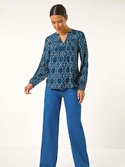 Roman Blue Button Detail Pinktuck Top - Image 1 of 5