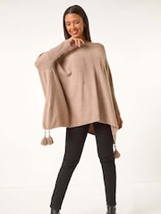 Roman Brown Sparkle Embellished Tassel Poncho - Image 1 of 5