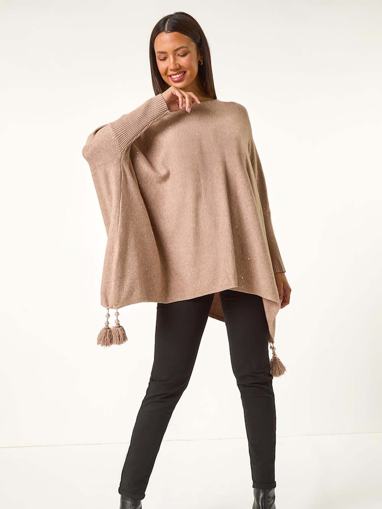 Roman Brown Sparkle Embellished Tassel Poncho - Image 1 of 5