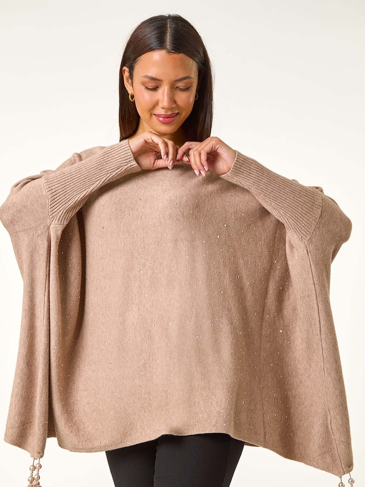 Roman Brown Sparkle Embellished Tassel Poncho - Image 2 of 5
