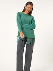 Roman Green Fringe Hem Knit Jumper - Image 2 of 5