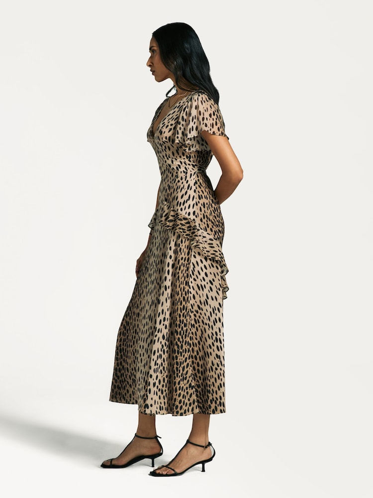 Rixo Brown Animal Print Tiered Midi Dress - Image 4 of 4