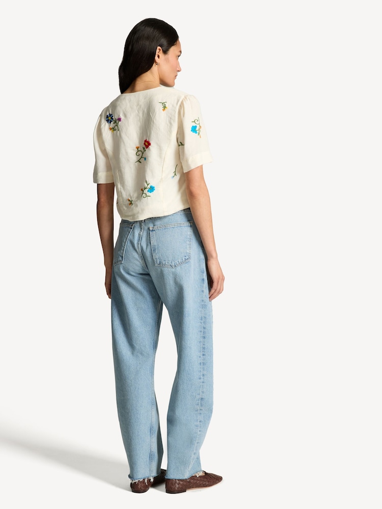 Rixo White Immie Ombre Floral Embroidery Linen Shirt - Image 2 of 7 Rixo White Immie Ombre Floral Embroidery Linen Shirt - Image 2 of 7