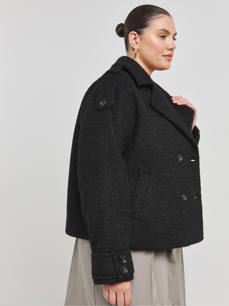 Simply Be Black Cropped Faux Wool Trench Jacket - Image 1 of 4