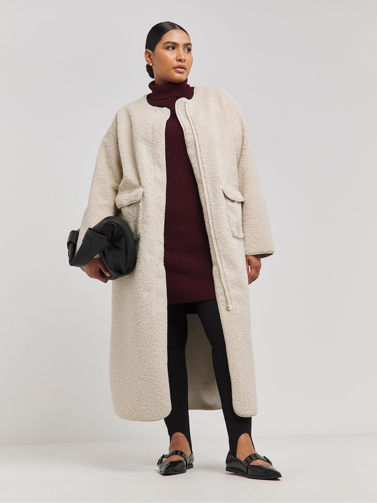 Simply Be Natural Collarless Teddy Maxi Coat - Image 1 of 4