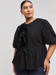 Simply Be Black Lace Bow Blouse - Image 1 of 4