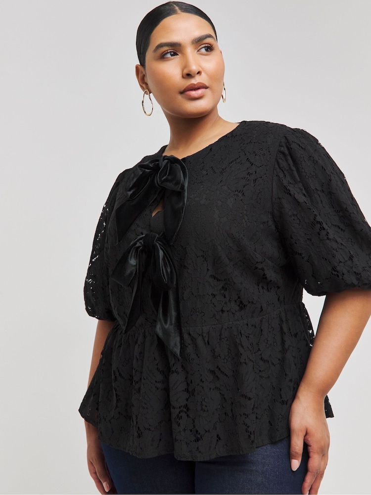 Simply Be Black Lace Bow Blouse - Image 1 of 4 Simply Be Black Lace Bow Blouse - Image 1 of 4