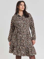 Simply Be Brown Leopard Print Button Through Shirt Dress - Image 1 of 4