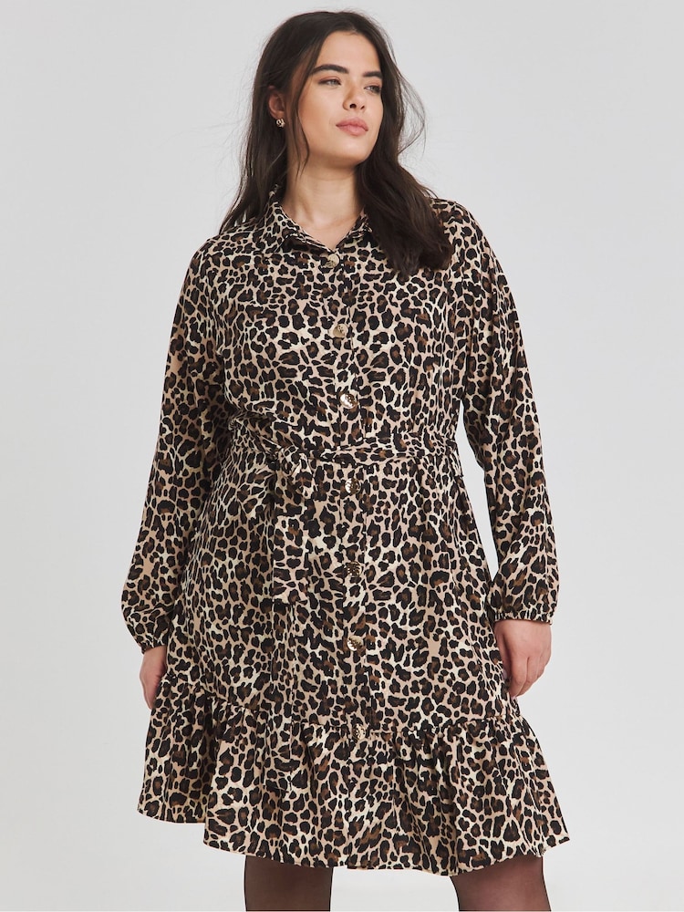 Simply Be Brown Leopard Print Button Through Shirt Dress - Image 1 of 4