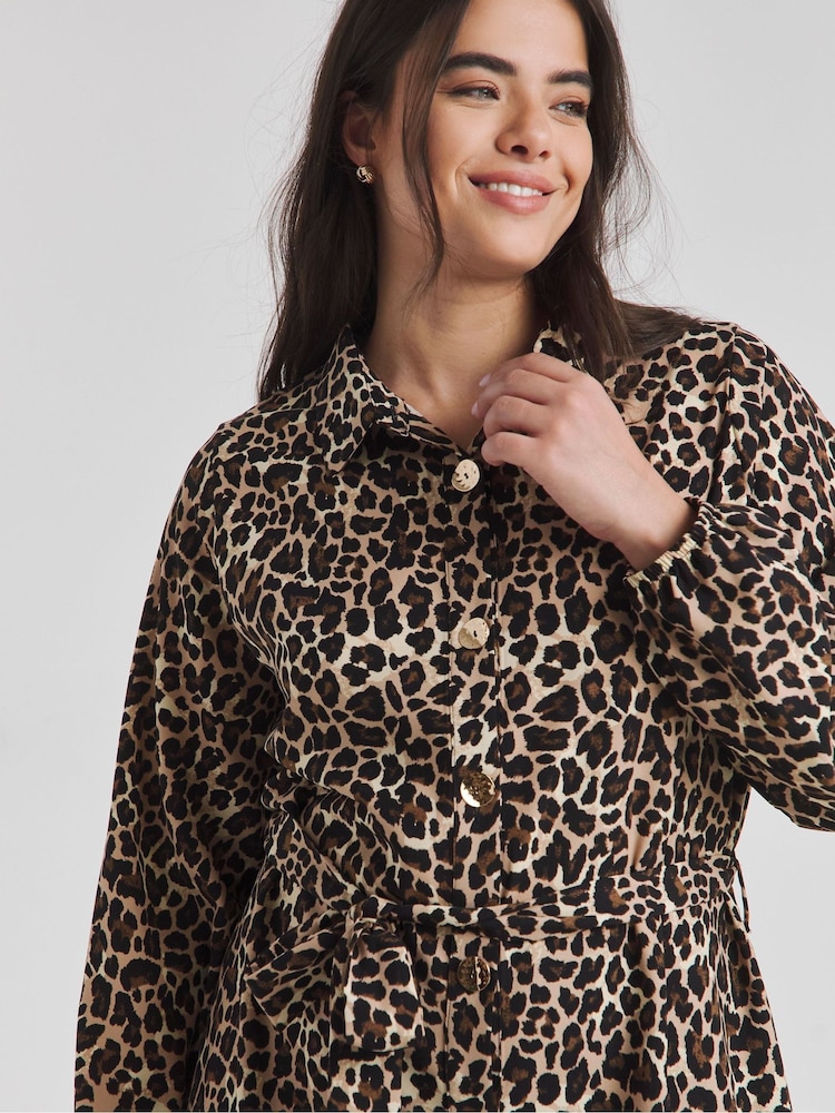 Simply Be Brown Leopard Print Button Through Shirt Dress - Image 4 of 4