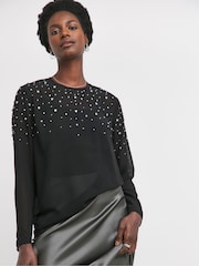 JD Williams Black Embellished Long Sleeves Blouse - Image 1 of 4