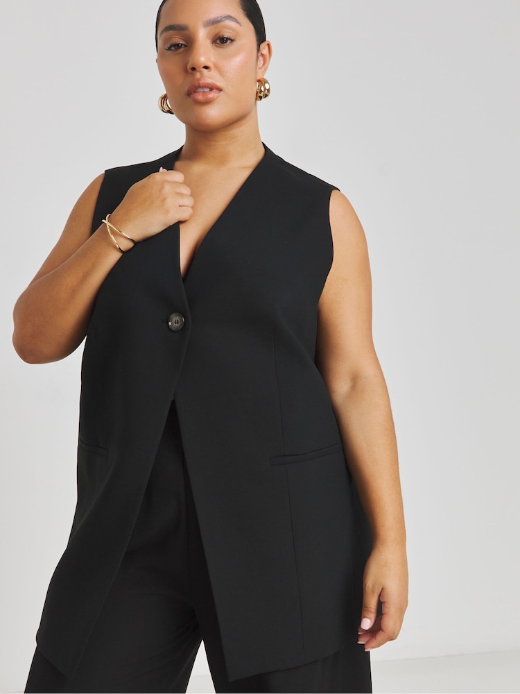 Simply Be Black Tab Detail Longline Waistcoat - Image 1 of 4