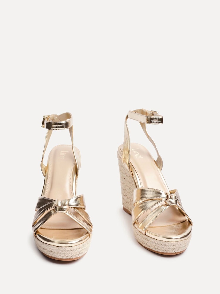 Linzi Gold Goddess Wedge Sandals With Knotted Front Straps - Image 3 of 5