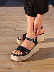 Linzi Black Contour Double Front Strap Wedge Sandals - Image 1 of 5