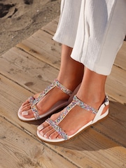 Linzi White Lois T-Bar Flat Sandals With Multi Coloured Beading Detail - Image 1 of 5