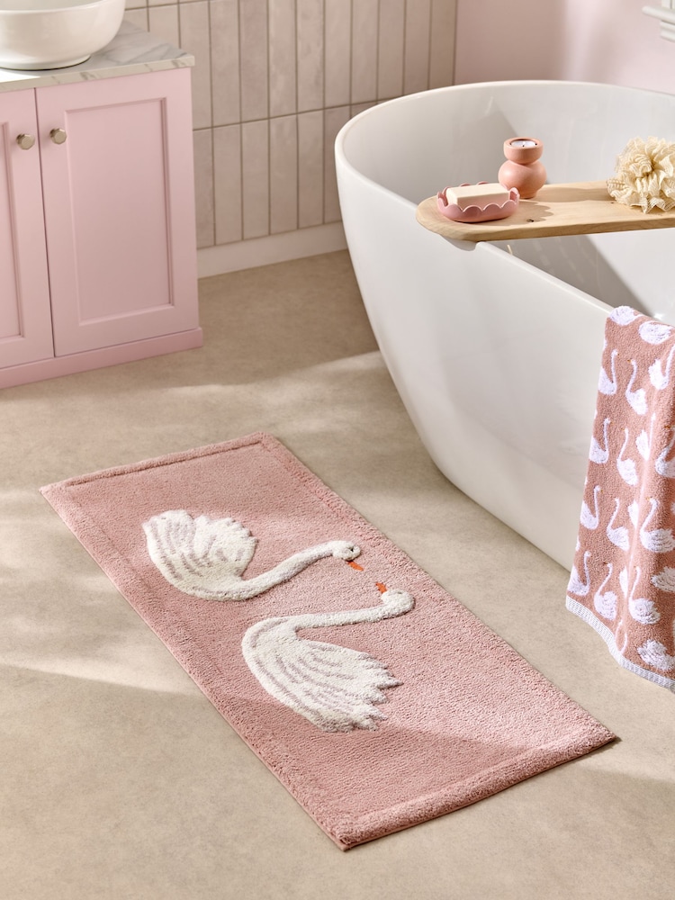 Pink Swan Print 100% Cotton Runner Bath Mat - Image 1 of 3 Pink Swan Print 100% Cotton Runner Bath Mat - Image 1 of 3