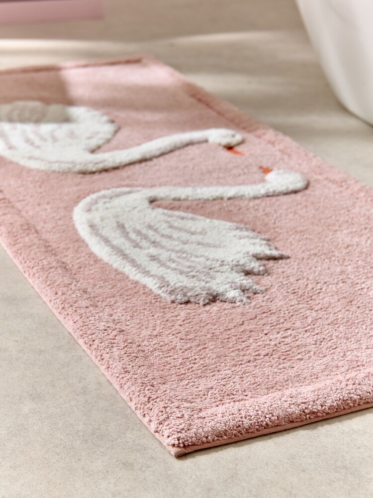 Pink Swan Print 100% Cotton Runner Bath Mat - Image 2 of 3