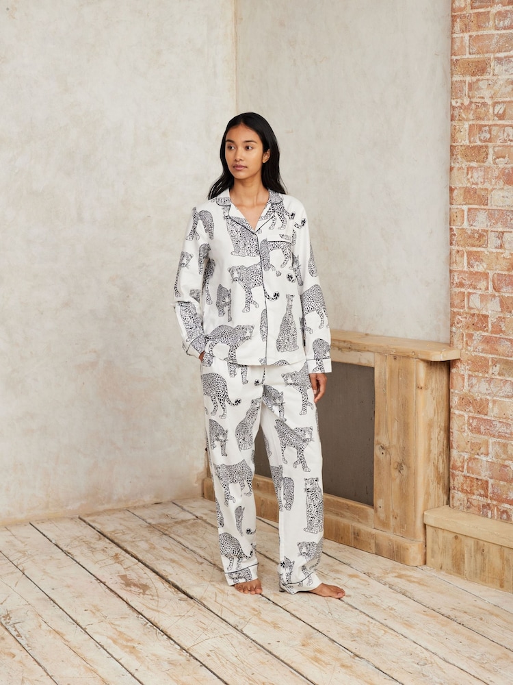 Chelsea Peers White Leopard Print Long 100% Organic Cotton Pyjamas Set - Image 1 of 5