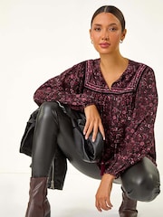 Roman Purple Floral Print Tie Front Top - Image 1 of 5