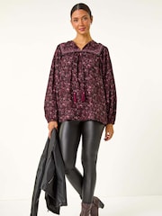 Roman Purple Floral Print Tie Front Top - Image 2 of 5