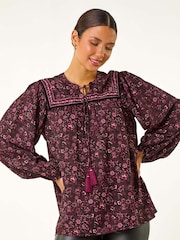 Roman Purple Floral Print Tie Front Top - Image 4 of 5