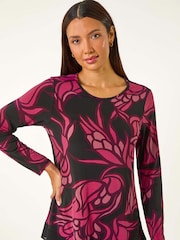 Roman Red Floral Print Chiffon Hem Top - Image 1 of 5