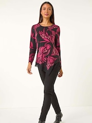 Roman Red Floral Print Chiffon Hem Top - Image 2 of 5