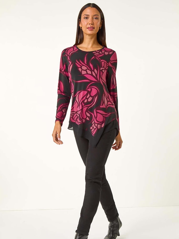Roman Red Floral Print Chiffon Hem Top - Image 2 of 5