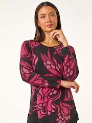 Roman Red Floral Print Chiffon Hem Top - Image 4 of 5