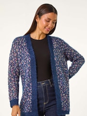 Roman Blue Mosaic Print Fluffy Longline Cardigan - Image 1 of 6