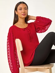 Roman Red Dobby Sleeve Tie Neck Top - Image 1 of 6