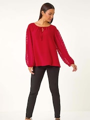 Roman Red Dobby Sleeve Tie Neck Top - Image 3 of 6