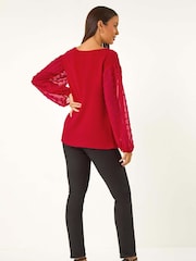 Roman Red Dobby Sleeve Tie Neck Top - Image 4 of 6