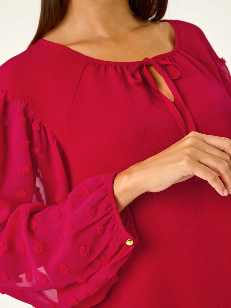 Roman Red Dobby Sleeve Tie Neck Top - Image 6 of 6
