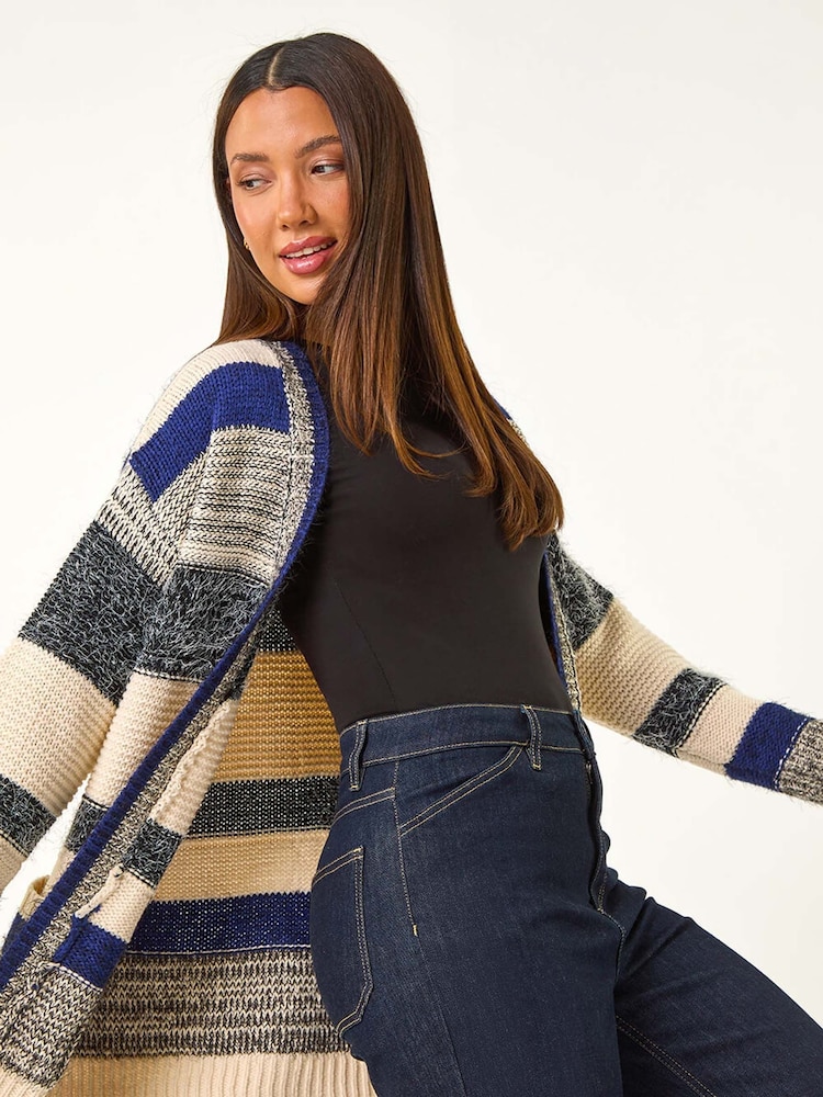 Roman Blue Fluffy Block Knit Cardigan - Image 1 of 5